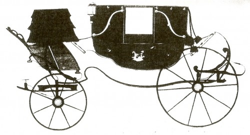 Early nineteenth-century side-view illustration of a fashionable barouche-landau carriage, with four large wheels, passenger body, folding hood and raised driver’s seat.