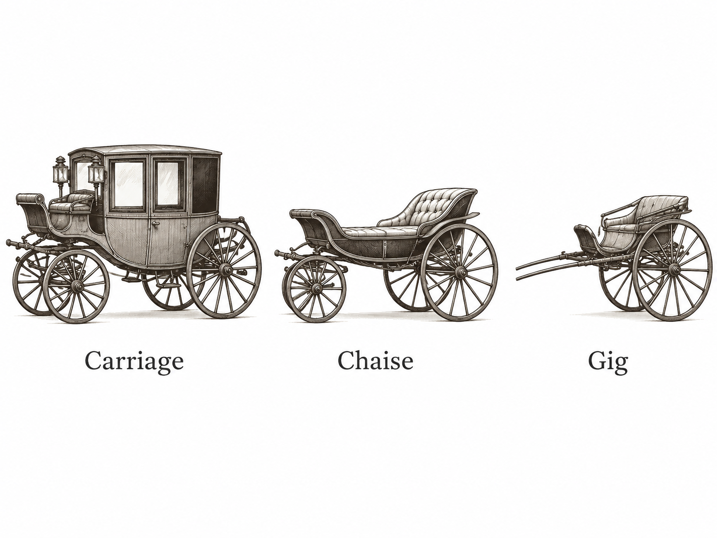 Comparison illustration of three horse-drawn vehicle types on a plain white background: an enclosed carriage, an open chaise, and a light two-wheeled gig, each labelled beneath.
